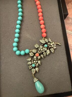 Heidi Daus Turquoise & Coral Beaded Floral Crystal Pendant Necklace